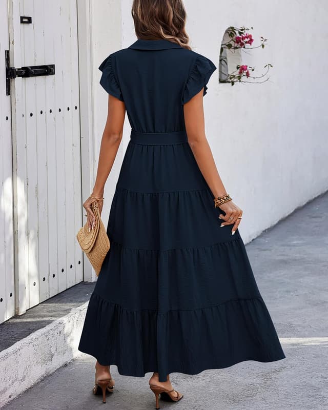 Detalle de dowerme Women’s Summer Boho Maxi Dress with Ruffle Cap Sleeves, V-Neck, Button Front & Pockets (2026)