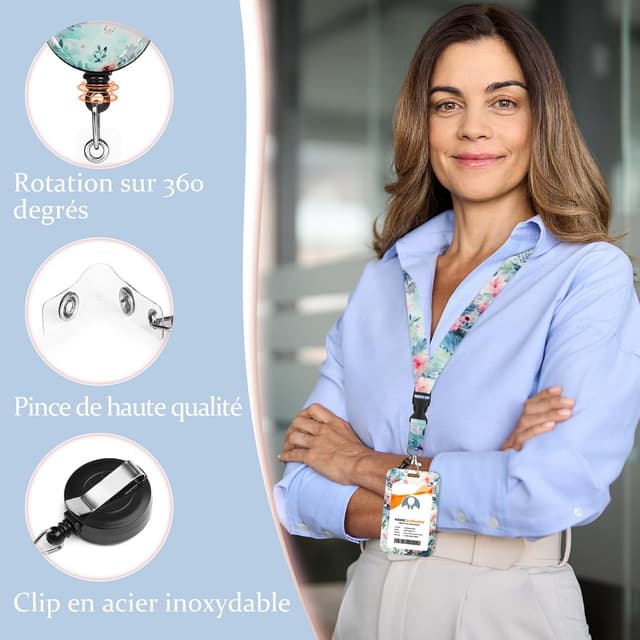Detalle de Porte-badge Lusibaka pour carte avec cordon tour de cou rétractable et mousqueton rotatif (H-Fleurs roses blanches)