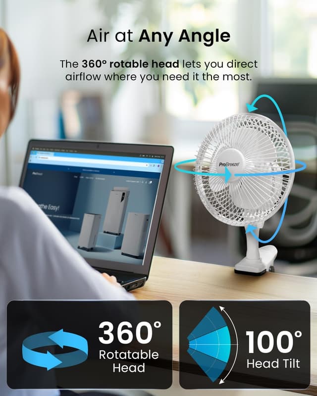 Detalle de Pro Breeze 6 Inch Clip on Fan with 2 Speeds (Mains Powered) – Quiet 360° Rotation Desk Fan