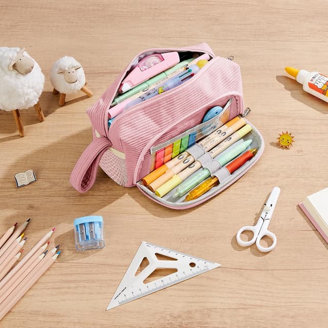 Detalle de KALIDI Corduroy Pencil Case with Multi Pockets (8.3 x 3.5 x 4 in)