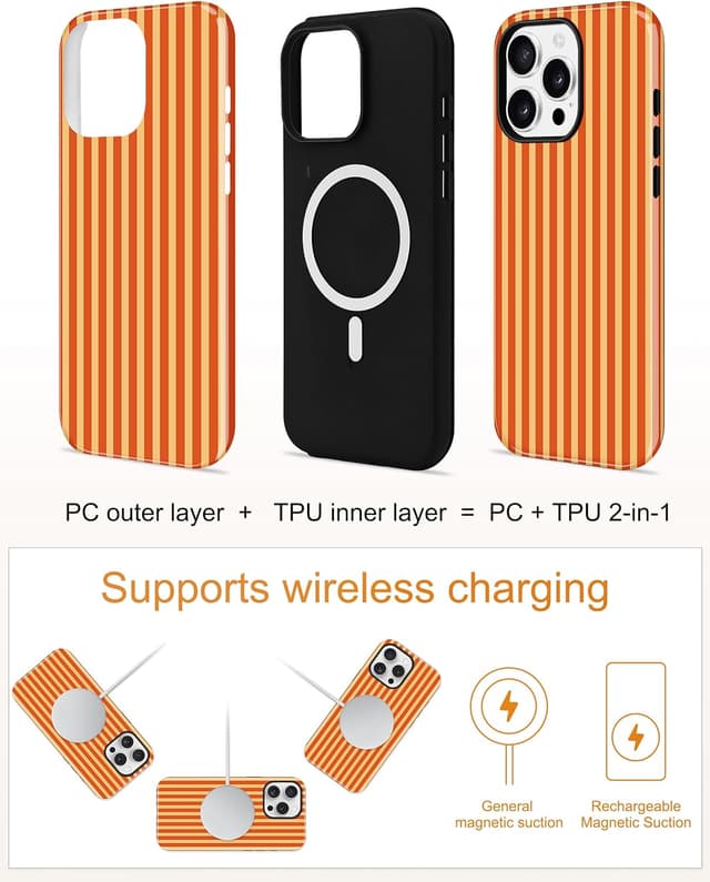 Thumbnail 1 de Jusy Magnetische Handyhülle für iPhone 16 Pro Max – gestreiftes Sommer-Design mit MagSafe und 2-teiliger Stoßschutz-Bumper Case (Orange)
