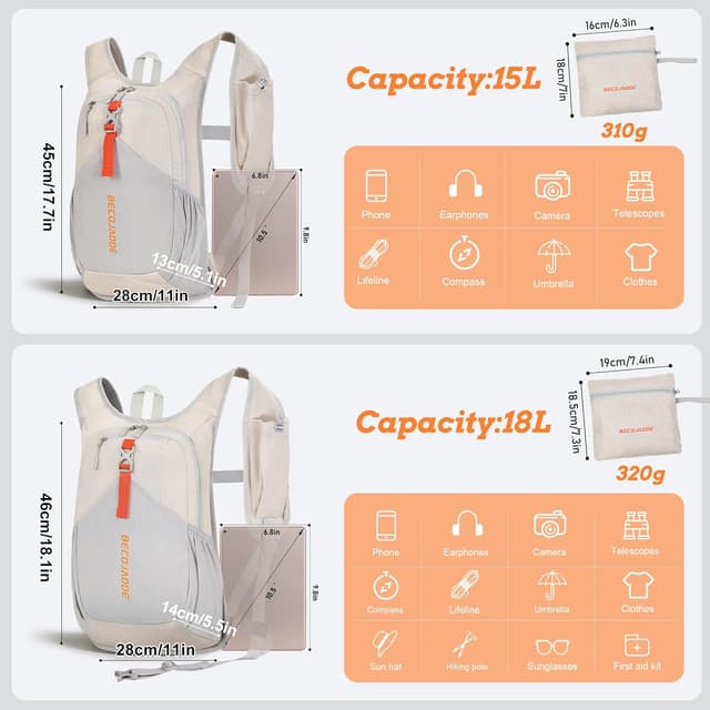 Detalle 2 de BECOJADDE 18L Hiking Backpack in Beige – foldable mini daypack with phone pocket and adjustable chest strap