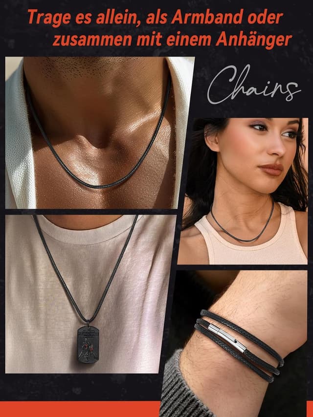 Detalle 2 de FaithHeart Lederkette für Herren & Damen – personalisierbares schwarzes Lederband mit Verschluss (ohne Anhänger), 40–75 cm