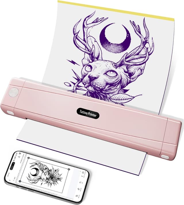Detalle de TATTMUSE Tattoo Drucker Bluetooth A887 – Schablone für Tattoo Transfer, inkl. 10 Papier (rosa)