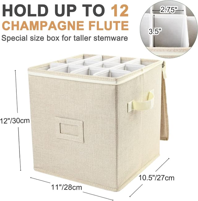 Detalle 2 de LotFancy Champagne Flute Storage Container (12in Tall) — Quilted Hard Shell, Stackable Case with Dividers & Handles