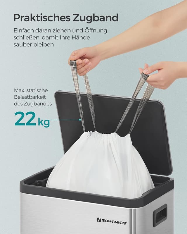 Detalle de SONGMICS Müllbeutel mit Zugband für 50 Liter, hochbelastbar, weiß – 3 Rollen (120 Stück) KRB050A03