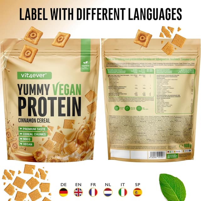 Detalle 2 de vit4ever Yummy Vegan Protein Cinnamon Cereal mit Chunks – veganer Proteinshake aus Fava-Bohnen-Isolat (908 g)