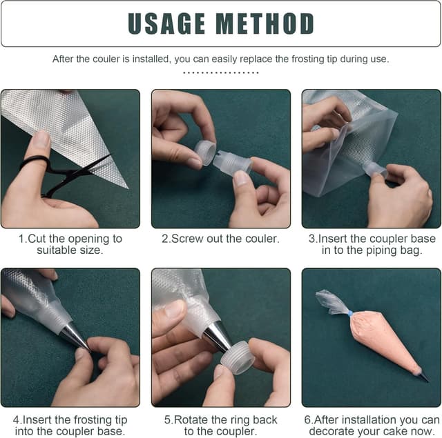 Detalle de Piping Bags and Tips Set (100 Disposable 12-Inch Pastry Bags, 16 Stainless Steel Tips, 2 Couplers) with Scrapers & Bag Ties