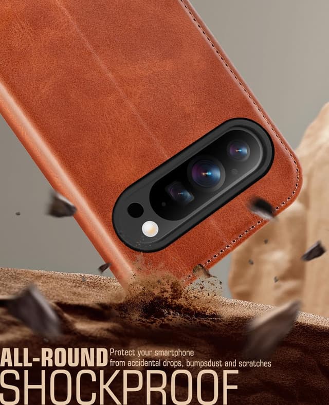 Detalle 2 de OCASE Kompatible Hülle für Google Pixel 9 Pro XL – PU Leder-Flipcover mit Kartenfach, Standfunktion und RFID-Schutz (braun)