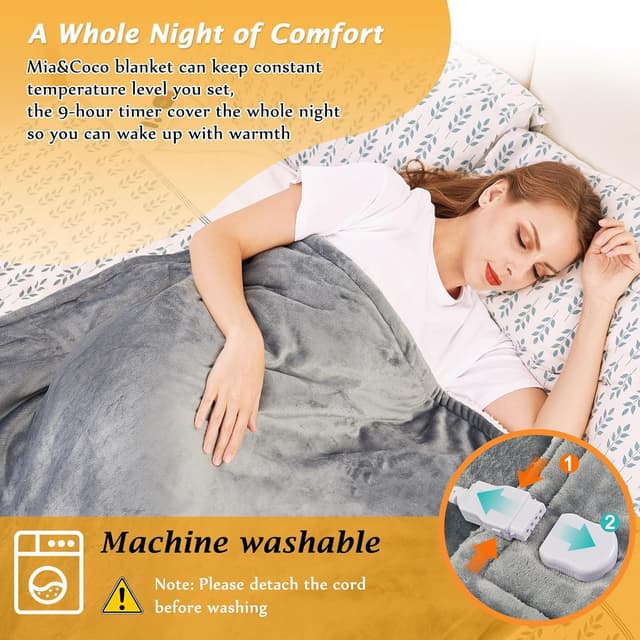 Detalle de Mia&Coco Electric Heated Blanket Throw (180x130cm) – Flannel & Sherpa, 10 Heat Levels, 9-Hour Auto-Off (Grey)