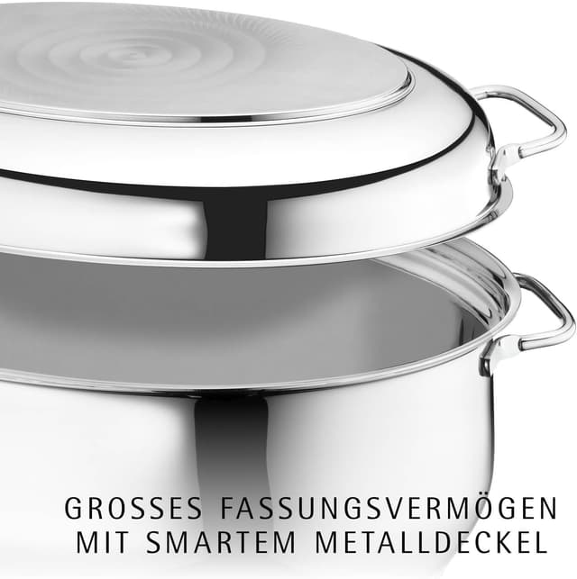 Detalle 2 de WMF Bräter mit Deckel (Cromargan Edelstahl, 8,5 l) backofengeeignet & induktionsgeeignet, ovaler Schmortopf 41 x 28,5 x 18 cm