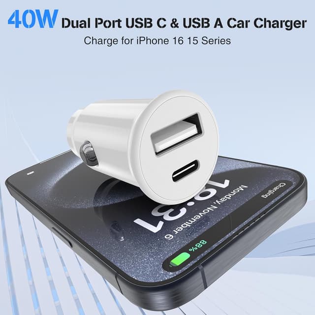 Detalle de USB-C & USB-A 40W Dual Port Car Charger with Cables for iPhone 17/16/15 Pro Max, iPad, Samsung & More