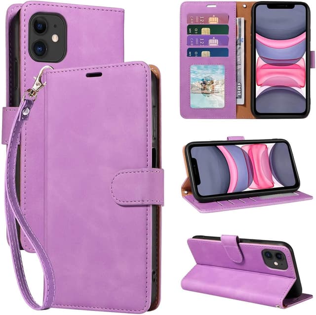 Detalle de GOTOURED Handyhülle für iPhone 11 – Klapphülle mit RFID-Blockierung, Kartenfächern, Magnetverschluss, Standfunktion & Handgelenksgurt (Lila)