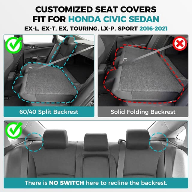 Detalle 2 de FEINEPRO Faux Leather Seat Covers for 2016-2021 Honda Civic Sedan (Full Set, Waterproof, 60/40 Split)