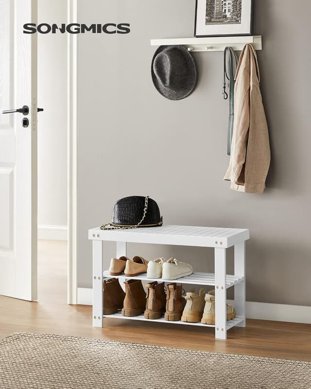 Detalle de SONGMICS Panca Portascarpe in bambù a 3 livelli LBS004W01, bianca