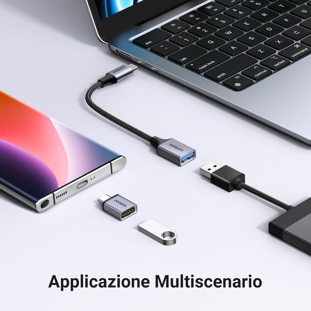 Detalle de UGREEN Adattatore USB-C OTG a USB 3.0 Type A in alluminio (2 pezzi) con velocità dati fino a 5 Gbps