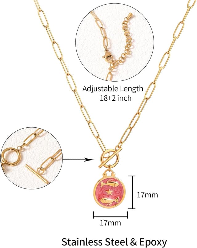 Detalle de TaYolnFaSo Halskette mit Knebelanhänger für Damen, 18K vergoldete rote Emaille – Motiv Fische (12 Sternbilder)