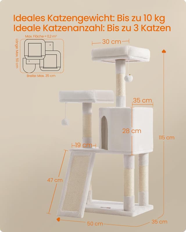 Detalle de Feandrea Kratzbaum PCT141W02, Katzenbaum mit Kratzbrett und Aussichtsplattform (115 cm)