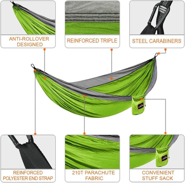 Detalle 2 de Anortrek Outdoor Hammock 2-Person 300x200 cm Ultralight with Tree Straps (up to 250 kg) – Breathable 210T Nylon