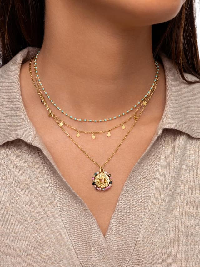 Thumbnail 2 de SINGULARU - Collar Medallion Stones Eye. Acero con Acabado en Baño de Oro de 18Kt. Cadena con Medallón Largo Ajustable. Joyas para Mujer