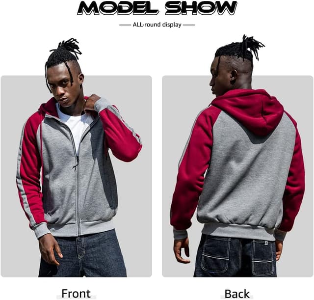 Detalle de Wirltte men’s zip-up patchwork fleece hoodie jacket for winter warmth