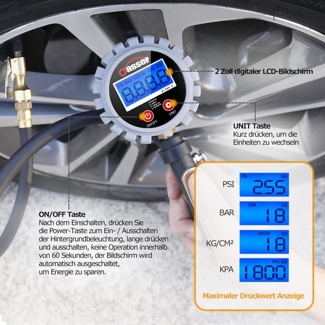 Thumbnail 4 de Oasser Digitaler Reifendruckmesser 255 PSI