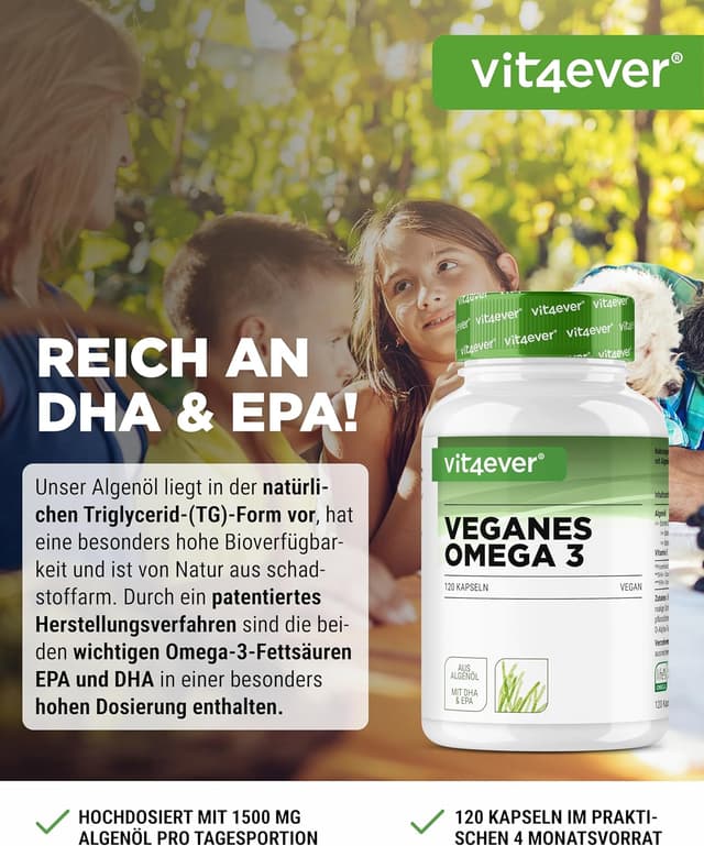 Detalle 2 de vit4ever Omega 3 Vegan (Algenöl) – 120 Softgel Kapseln mit 450 mg DHA & 225 mg EPA
