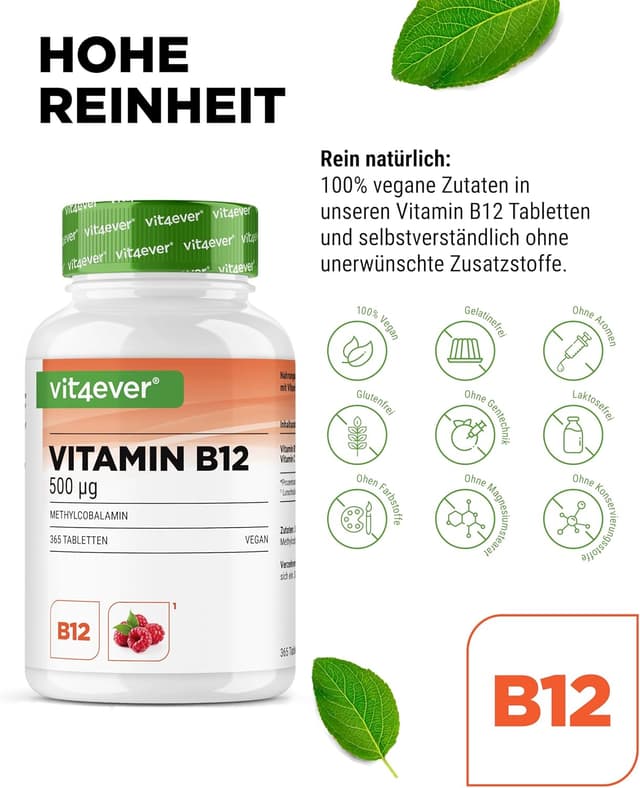 Detalle de Vitamin B12 Himbeere – 365 Lutschtabletten im Jahresvorrat mit 500 µg Methylcobalamin + Vitamin C (vegan)
