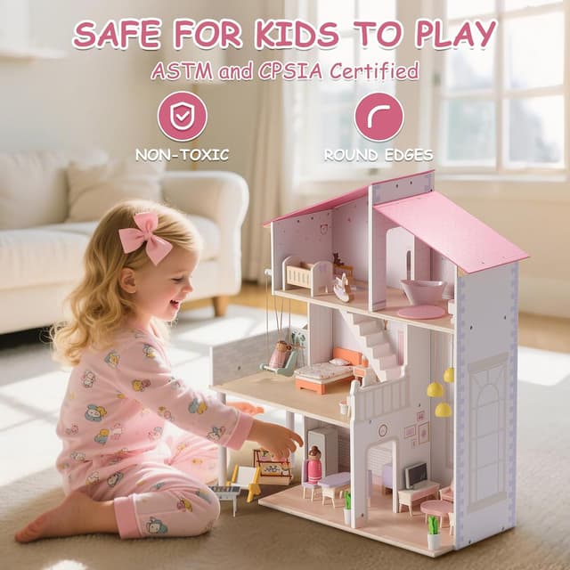 Detalle 2 de SainSmart Jr. Wooden Dollhouse with 37 Pieces 🏠