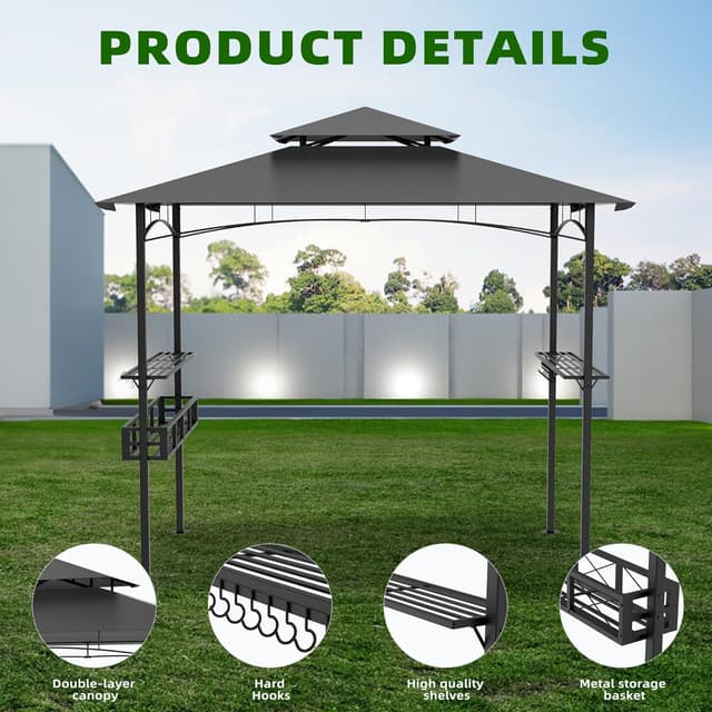 Detalle de Gazebo da giardino impermeabile con tetto a doppio strato 245 x 153 x 250 cm, grigio