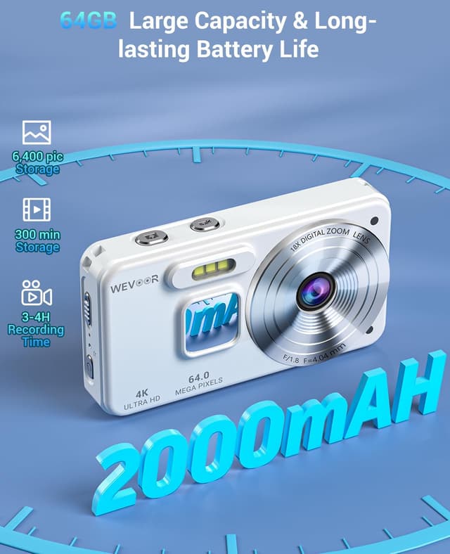Detalle de Wevoor Macchina Fotografica Digitale 4K 64MP con schermo 2,8”, zoom digitale 18x e memoria da 64GB, bianco