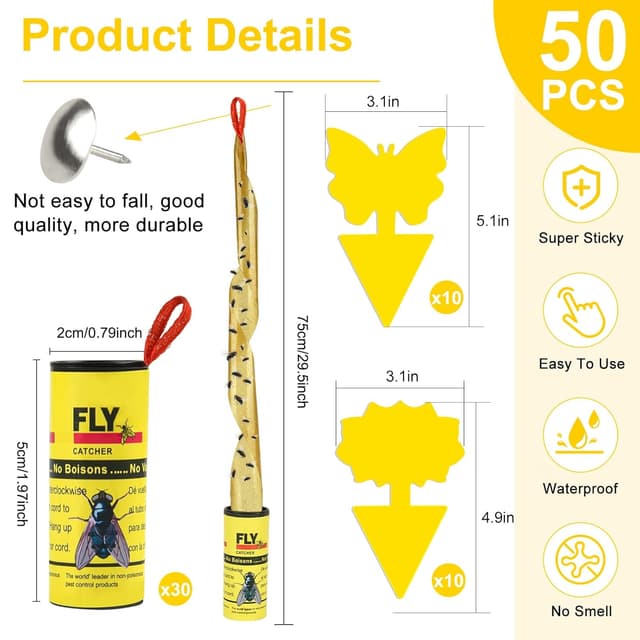 Detalle 2 de 50 Pack Fly Catcher (30 Fly Strips + 20 Fungus Gnat Killer) TRllTECH for indoor and outdoor use