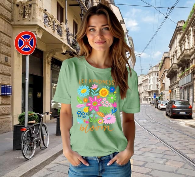 Detalle de Qskall Women’s “Flora Be Kind” T-Shirt – “Let Kindness Bloom” inspirational floral top