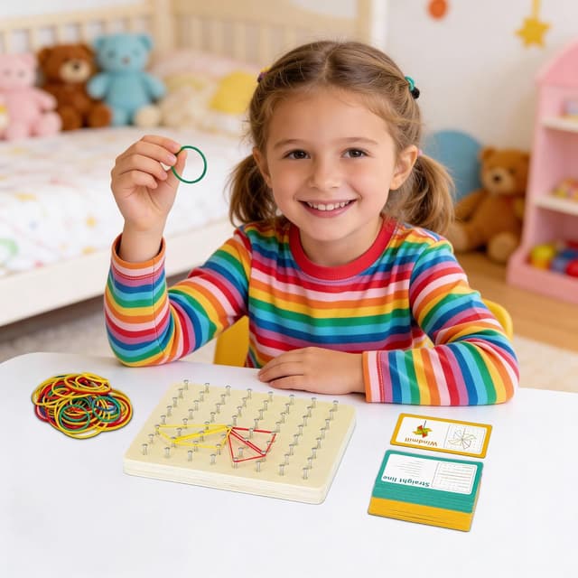 Detalle de VingaHouse Montessori Geoboard aus Holz für Kinder ab 3 Jahren – klassisches Holz-Geobrett
