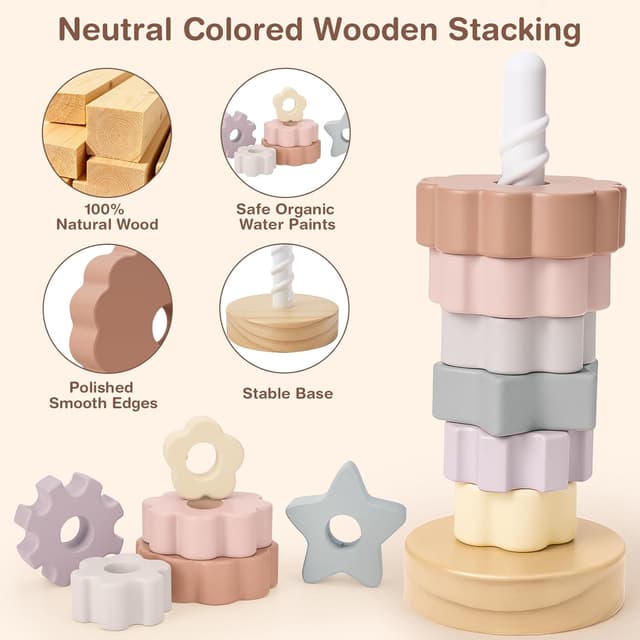 Detalle de Joyreal Wooden Spinning Stacking Tower Toys – Rainbow Ring Stacker (Montessori-inspired cause & effect toy)