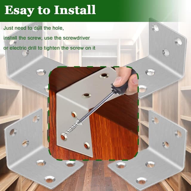 Detalle de 10PCS 304 Stainless Steel L Bracket Corner Braces (90°) – Silver shelf and furniture support brackets