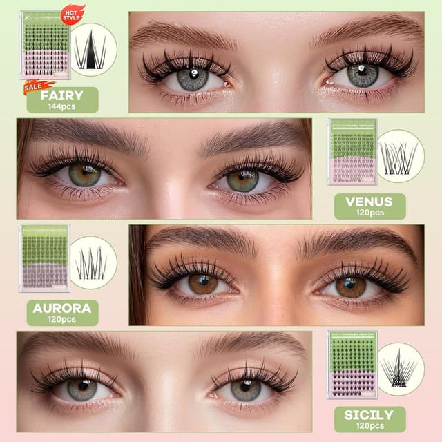 Detalle de KEYYOU Aurora Lash Clusters Kit (Fairy Lash, C Curl) — 120-Piece Invisible Band Wispy Extension Set for DIY