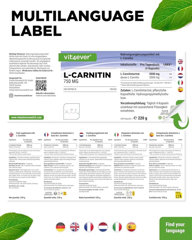 Detalle 2 de L-Carnitin von vit4ever, 240 Kapseln
