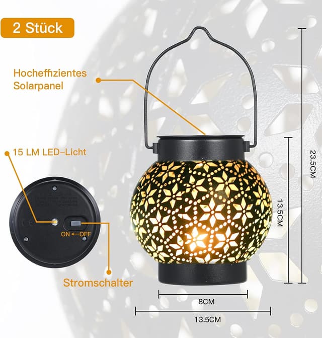 Thumbnail 6 de Görvitor Solarlaterne für Außen (2er-Set) IP65 – Metall, warmweißes LED-Licht für Garten, Balkon & Terrasse