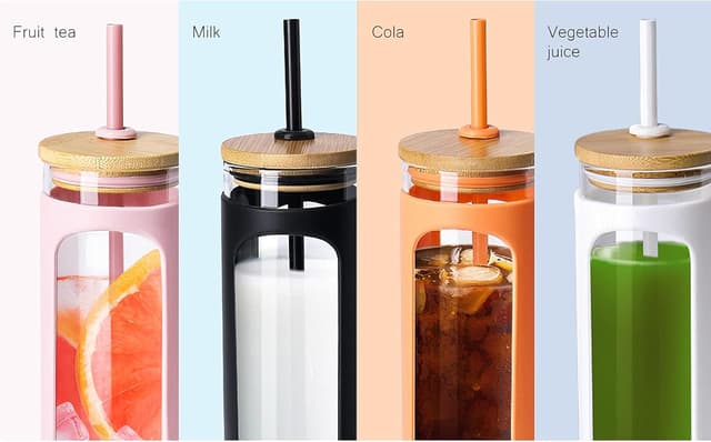 Detalle de Kodrine 20oz Glass Tumbler with Straw and Lid (Bamboo Lids, Silicone Sleeve) — Black + Amber, 2-Pack