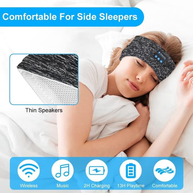 Detalle de flintronic Bluetooth-Schlafstirnband mit HD-Stereo-Lautsprechern (Schlafkopfhörer) – kabellos & USB-aufladbar, Grau