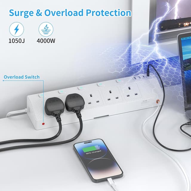 Detalle de STGAROT Desk Extension Lead 1.8M with PD 30W retractable USB-C cable, 5-way power strip and desk clamp