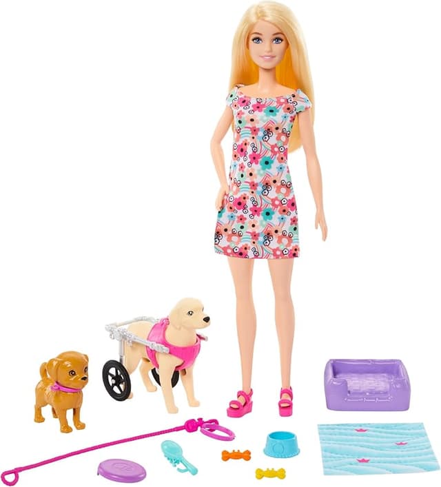 Detalle de Barbie HTK37: Muñeca paseadora de perro con mascotas