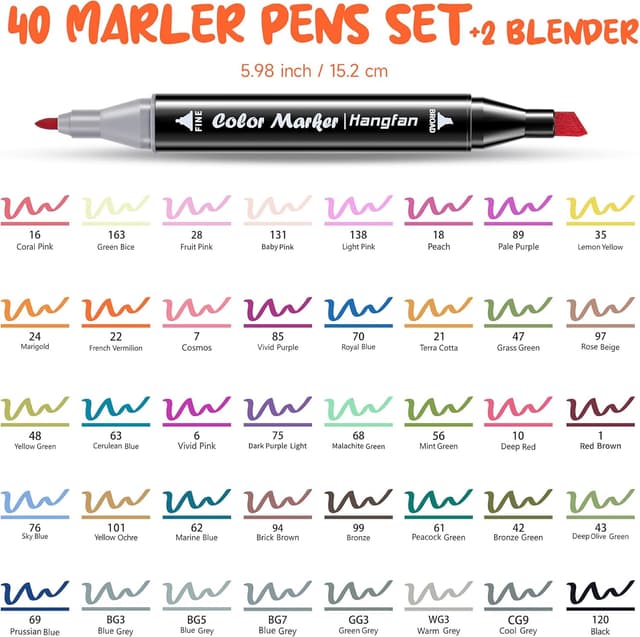 Detalle de Hangfan 40 Colours Alcohol Markers (with 2 art outliners) – permanent dual-tip pens for colouring, manga and highlights