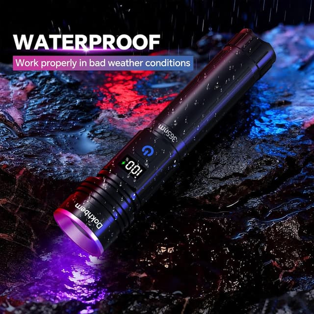 Detalle de Dokhbem 365nm Rechargeable UV Flashlight with LCD Display for Pet Urine Detection & Resin Curing (Black Light, Black)
