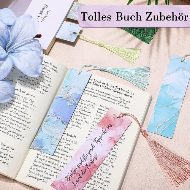 Detalle 2 de 24er Lesezeichen-Set mit Marmorierung & Quasten (beschriftbar), 15 x 4 cm – 12 Farben