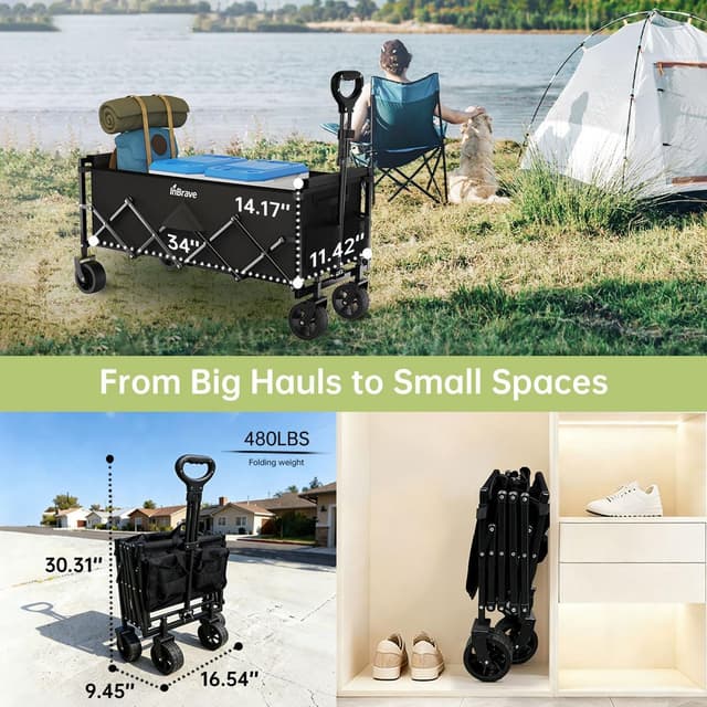 Thumbnail 1 de InBrave Extra Long Collapsible Wagon Cart (480LBS) with All-Terrain Wheels, Foldable Utility Cart for Beach, Camping & Shopping