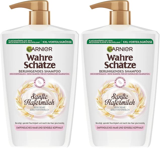 Detalle de Garnier Wahre Schätze Beruhigendes Shampoo mit sanfter Hafermilch (XXL, 1 l) – Packung mit 2 für empfindliche Kopfhaut
