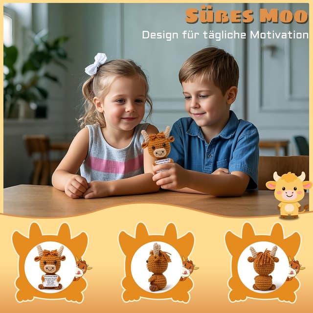 Detalle de Gehäkelte Highland Cow Kuh Mini-Strickpuppe mit positiver Energie Karte – Mini-Kuscheltier für Stressabbau