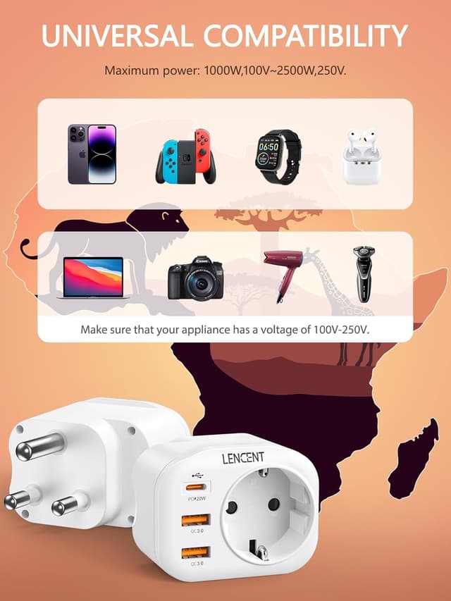 Thumbnail 4 de LENCENT Adaptateur voyage 4 en 1 Type M